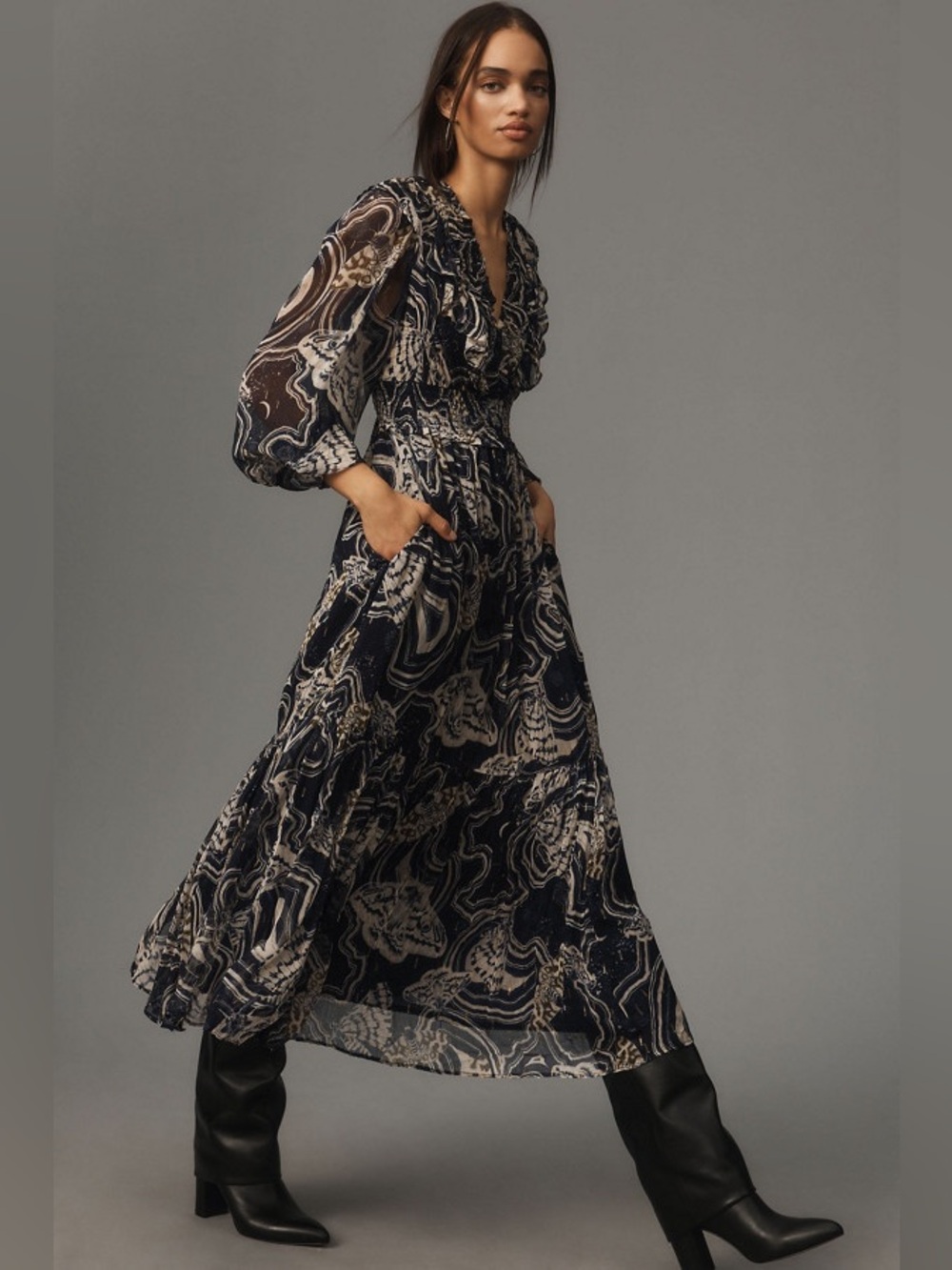 Printer Johnson Long-Sleeve V-Neck Textured Midi Dress